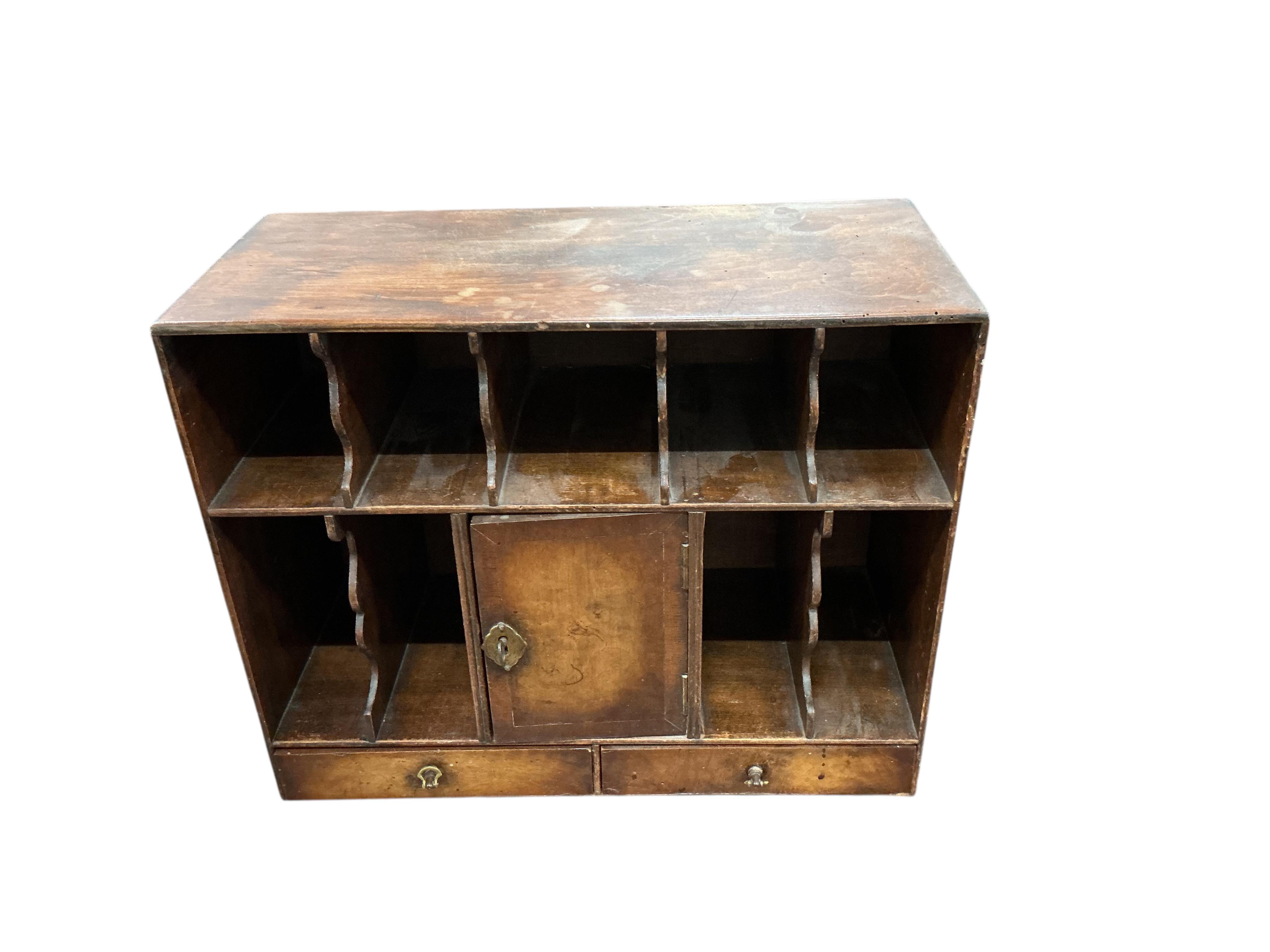 A Queen Anne Revival walnut pigeonhole unit, width 43cm, depth 19cm, height 36cm